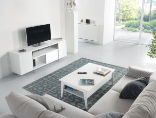 Meuble TV design MARCO POLO 180cm Blanc Mat  portes coulissantes et piètement en verre